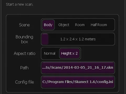 Skanect Config Einstellungen
